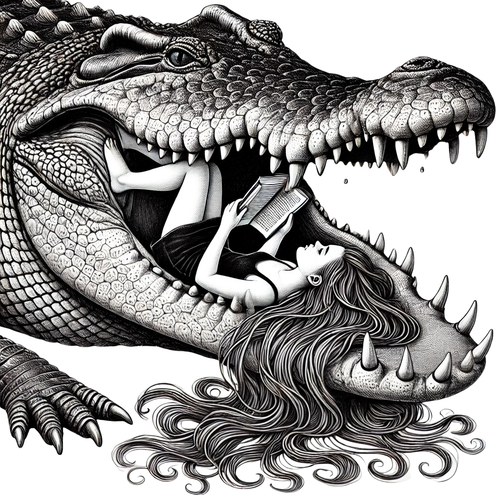 girl reading book in crocodile mouth - AI generated image