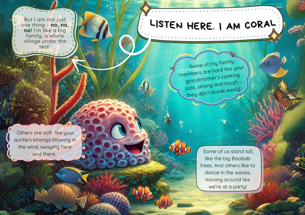 Listen here. I am coral book sample page