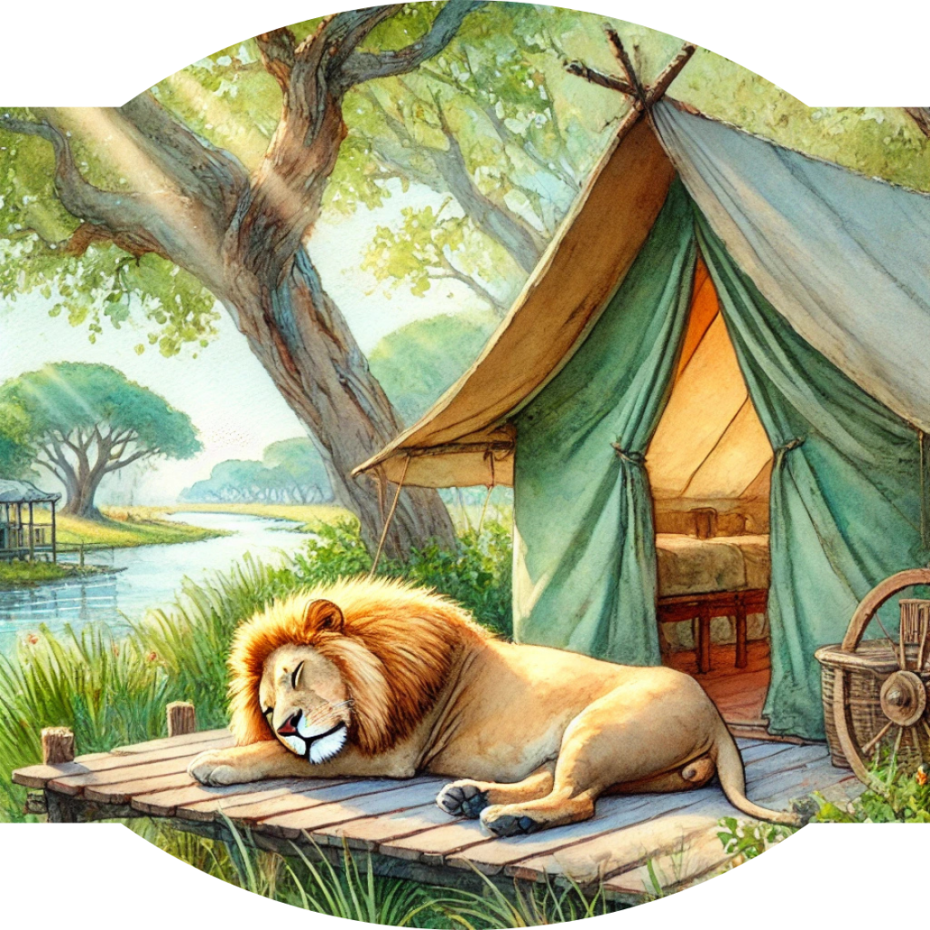 Lion sleeping at the door of a tent on the deck - AI generated